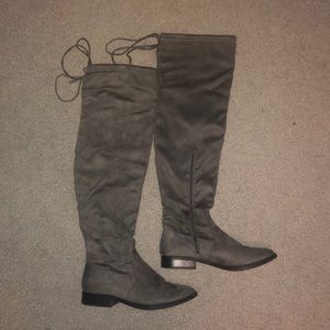 Gray suede knee high boots